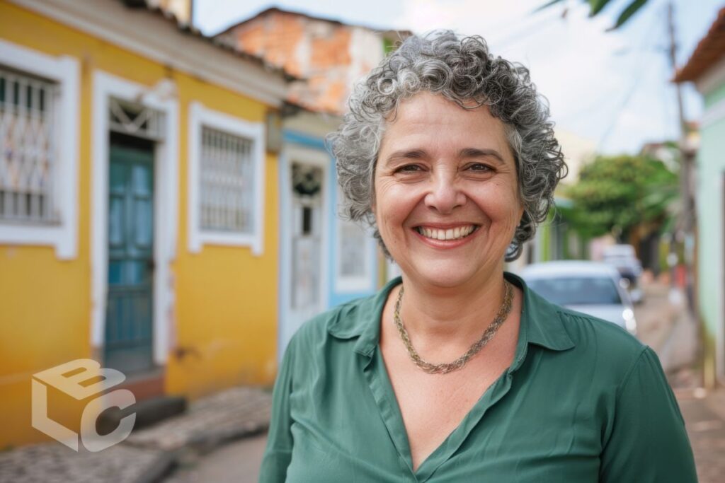 Mulher de mais ou menos 50 anos sorrindo e uma avenida.