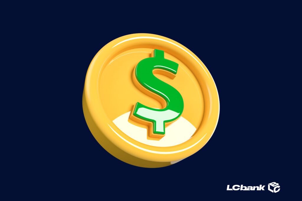 Moeda dourada com símbolo de cifrão em verde, representando dinheiro e antecipação de valores, com fundo azul-escuro e logo do LCbank.
