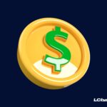 Moeda dourada com símbolo de cifrão em verde, representando dinheiro e antecipação de valores, com fundo azul-escuro e logo do LCbank.