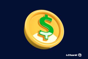 Moeda dourada com símbolo de cifrão em verde, representando dinheiro e antecipação de valores, com fundo azul-escuro e logo do LCbank.