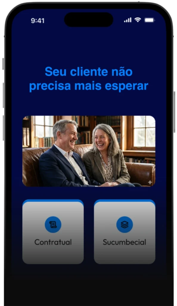 Casal sorrindo em um sofá com texto "Seu cliente não precisa mais esperar