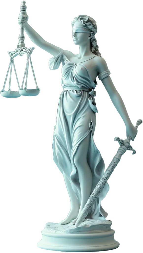 Estátua da Justiça com balança e espada, símbolo para advogado 2026.