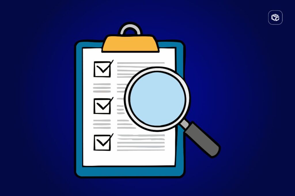 Lista de verificação com lupa, simbolizando consulta de Precatório e RPV